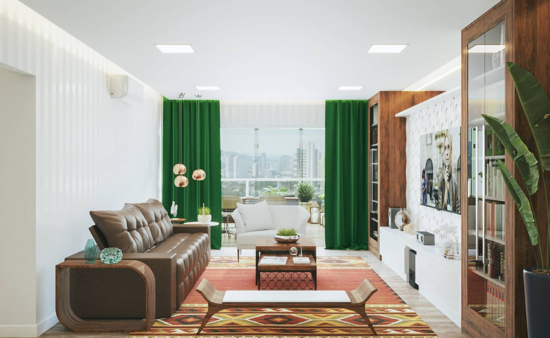 living com cortina verde e estante